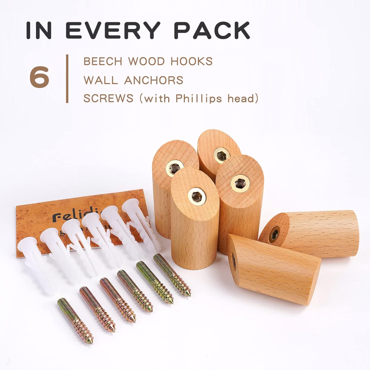 Wood Wall Hooks, 6 Pack Natural Wooden Coat Hooks Wall-Mounted, Rustic Heavy Duty Hook for Hanging