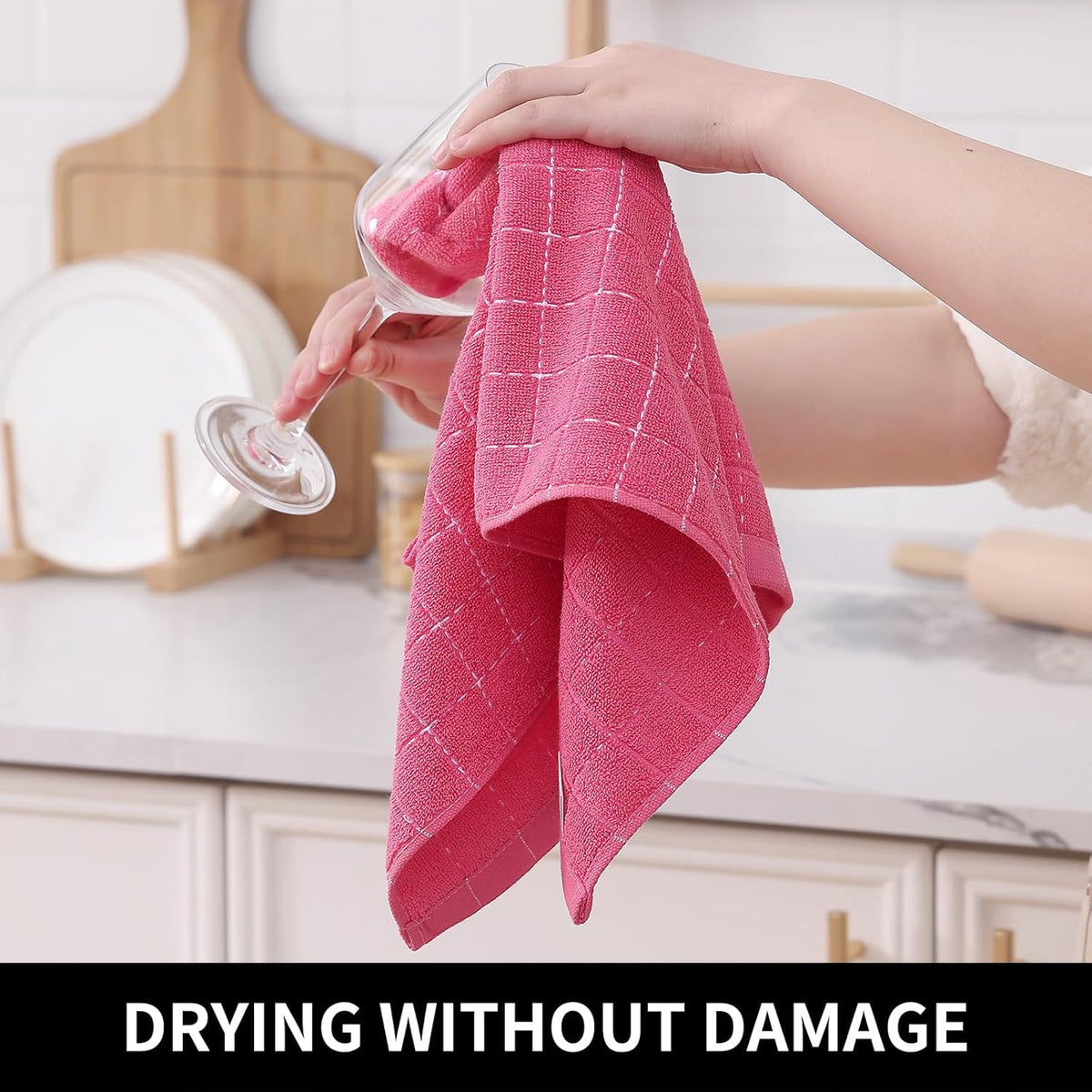 Homaxy 100% Cotton Terry Kitchen Towels(Rose Red, 13 x 28 inches), Checkered Designed, Soft and