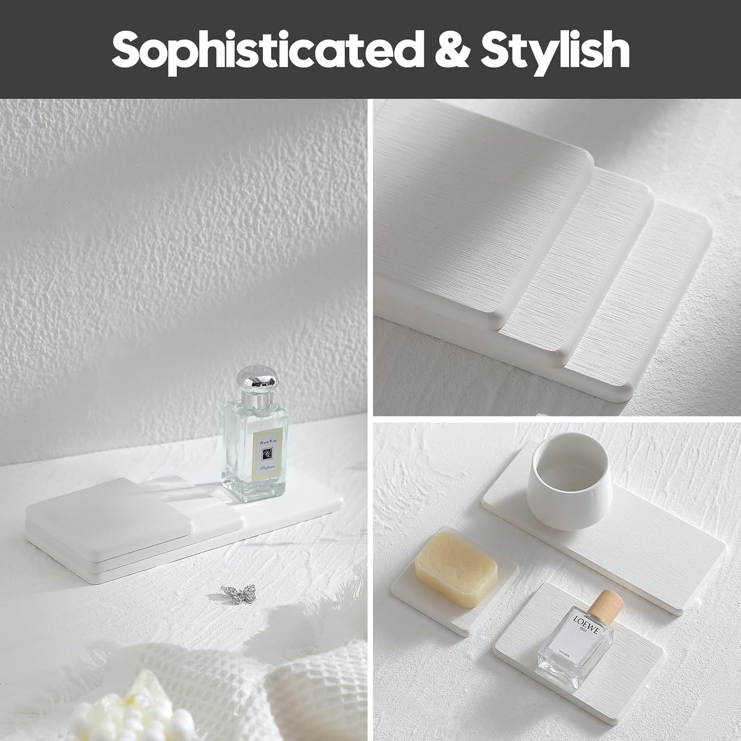 3PCS Bathroom Sink Vanity Trays, Quick Stone Drying Mat Dish Soap Dispenser Sponge Holder for