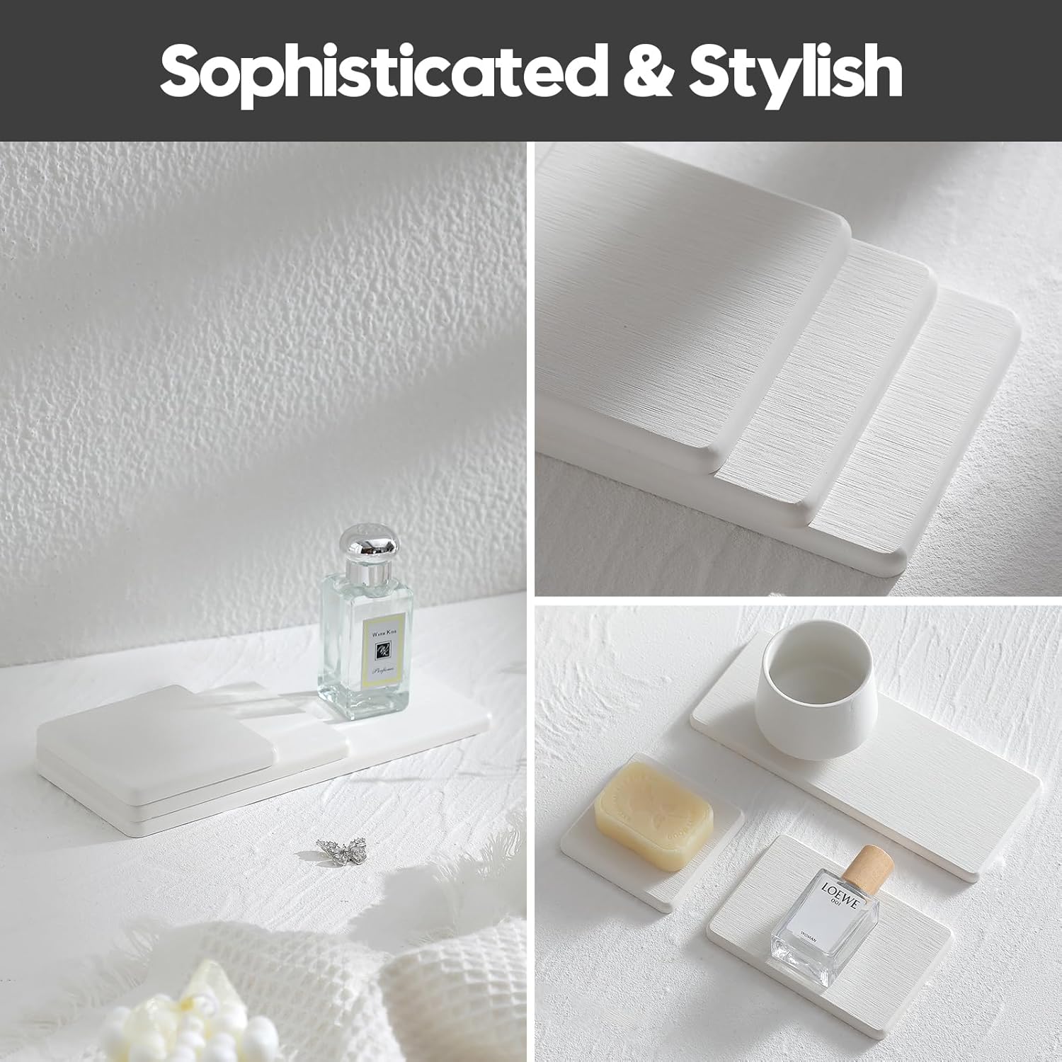 3PCS Bathroom Sink Vanity Trays, Quick Stone Drying Mat Dish Soap Dispenser Sponge Holder for