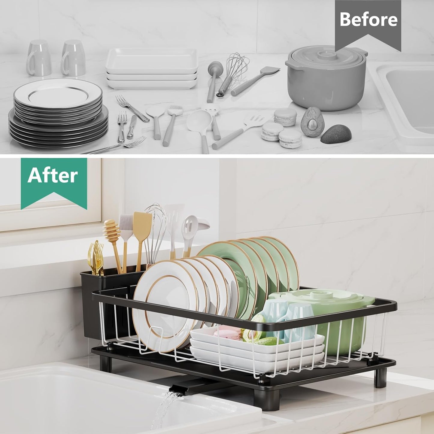 Dish Drying Rack - Space-Saving Dish Rack,Dish Racks for Kitchen Counter with Drainboard, Rustproof