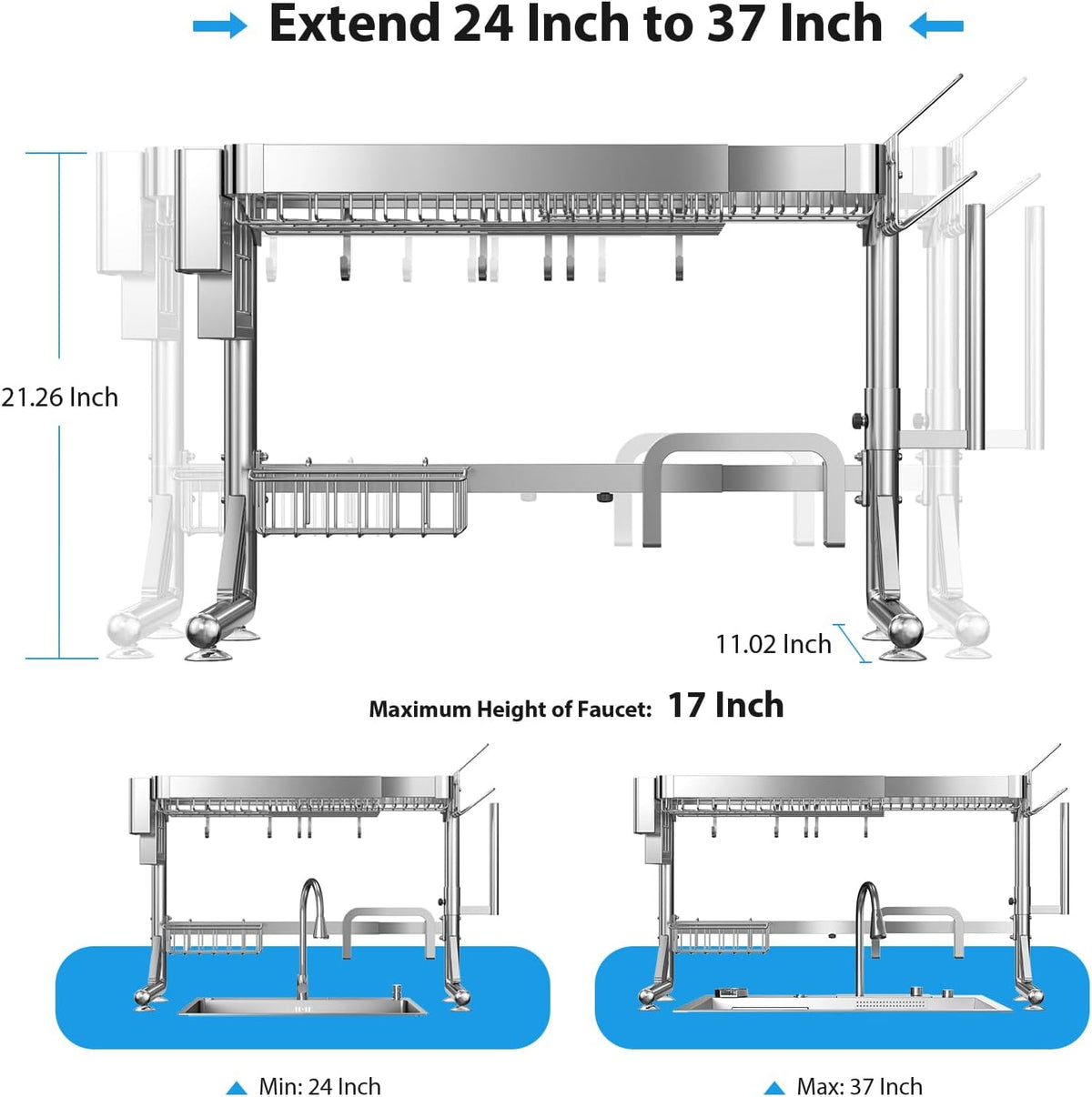 Over The Sink Dish Drainer Drying Rack, 2 Tier Adjustable Width (20.87'' to 37.6'') 304 Stainless