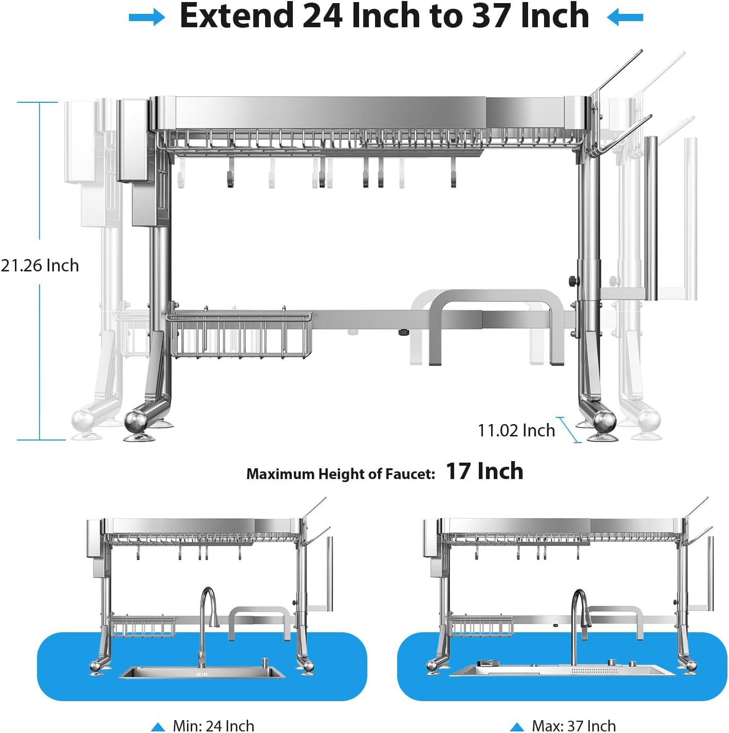 Over The Sink Dish Drainer Drying Rack, 2 Tier Adjustable Width (20.87'' to 37.6'') 304 Stainless