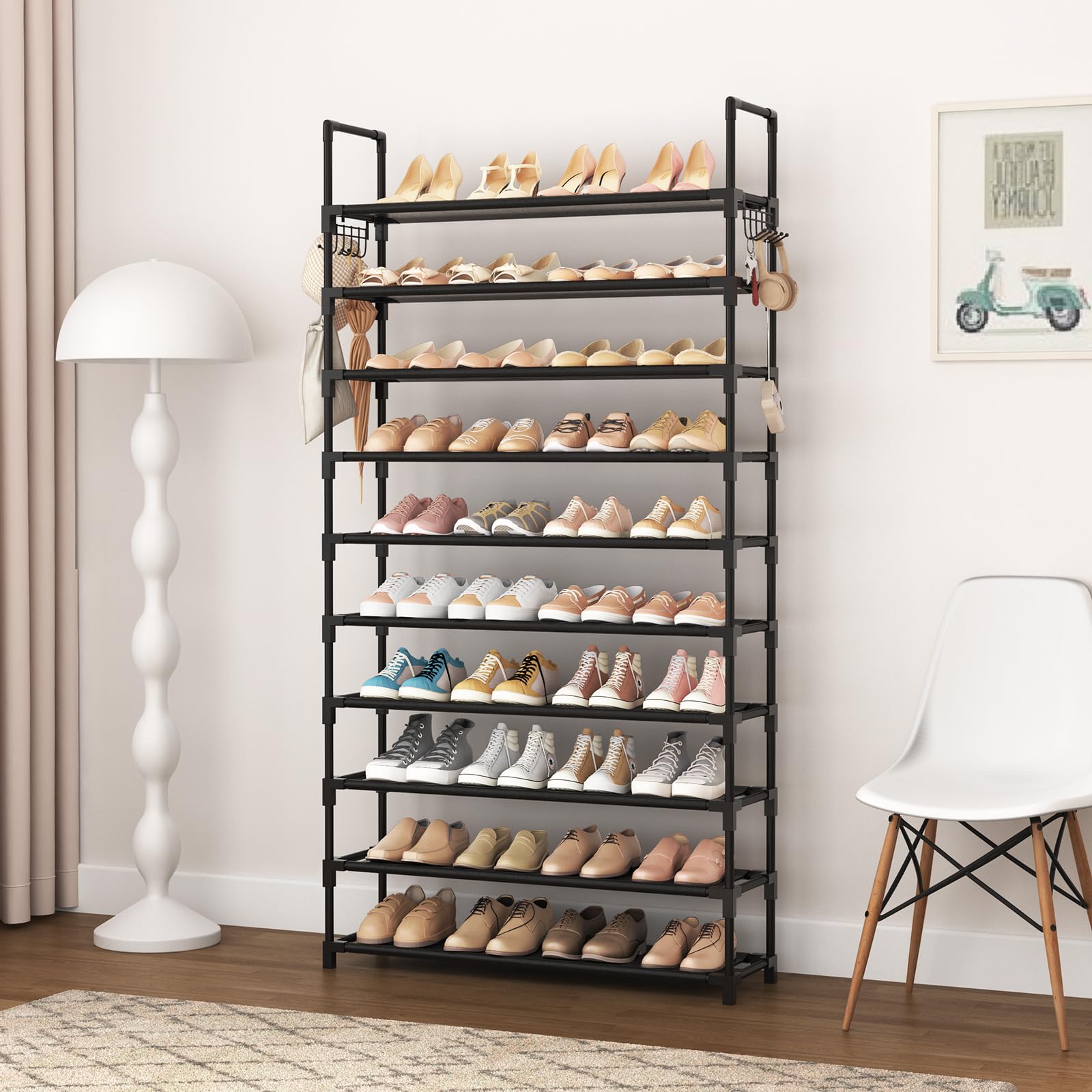 VTRIN 10 Tier Shoe Rack Tall Large Capacity Wide Shoe Organizer with Two Hooks Sturdy Metal Shoe