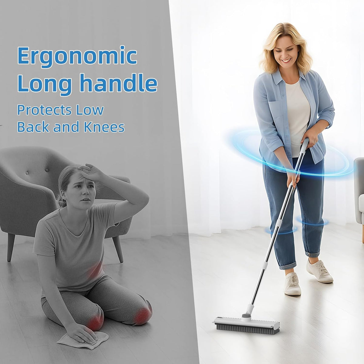 Scrub Brush with Long Handle, Floor Scrub Brush Squeegee Broom for Cleaning, 3 in 1 Shower Scrubber