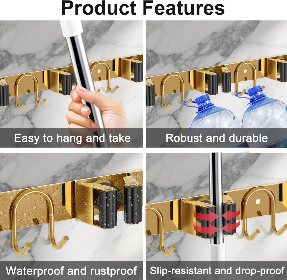 Mop Broom Holder Wall Mount, 2 Packs Gold Stainless Steel Tool Storage Organizer for Kitchen Garden