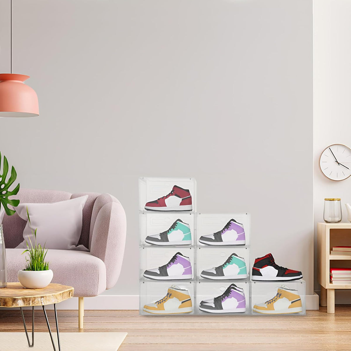 Large Shoe Boxes Clear Plastic Stackable, 8 Pack Drop Side Shoe Storage Organizer with Magnetic