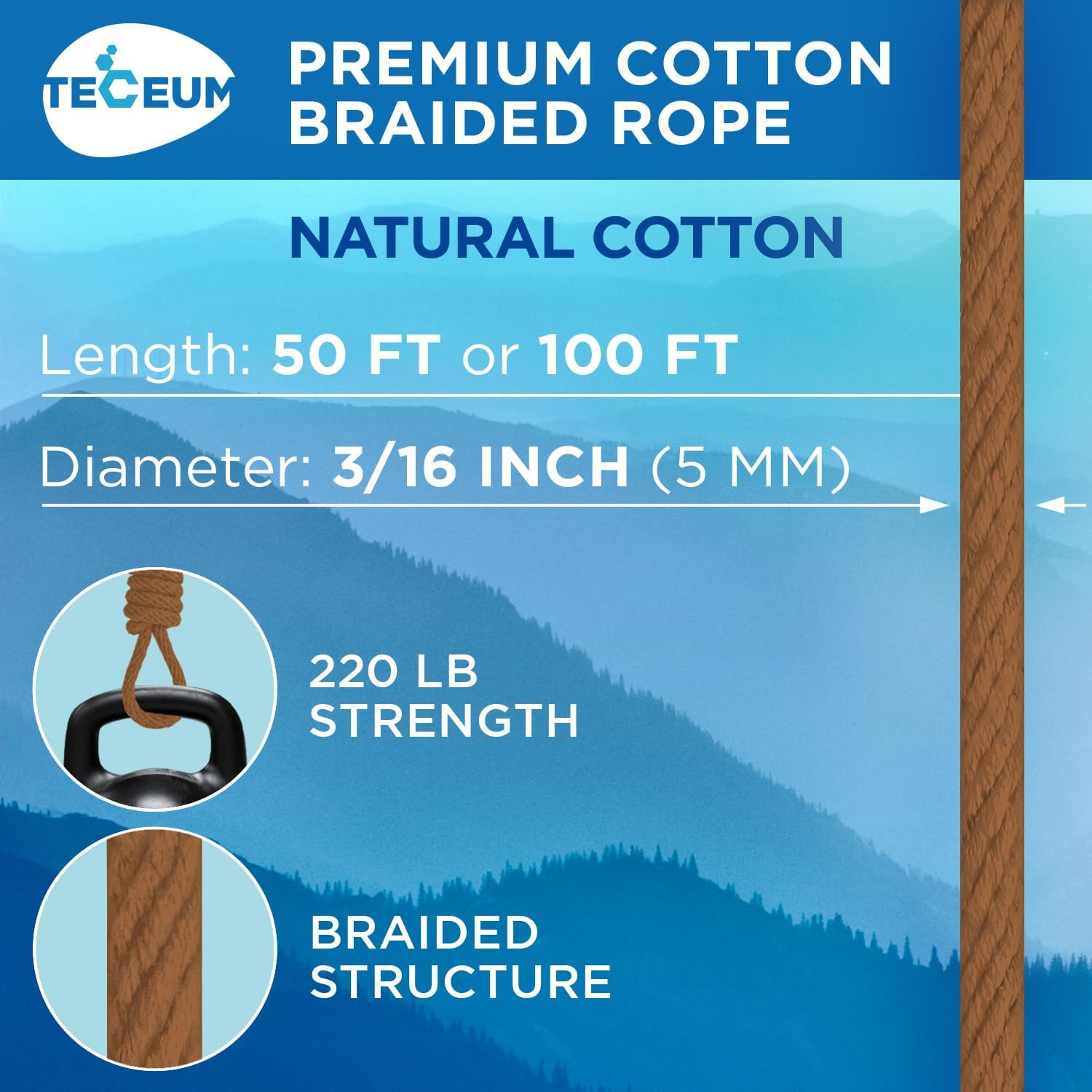 TECEUM Cotton Rope 3/16” (5 mm) – 50 FT – Strong All-Purpose Braided Rope – Natural Cotton – for