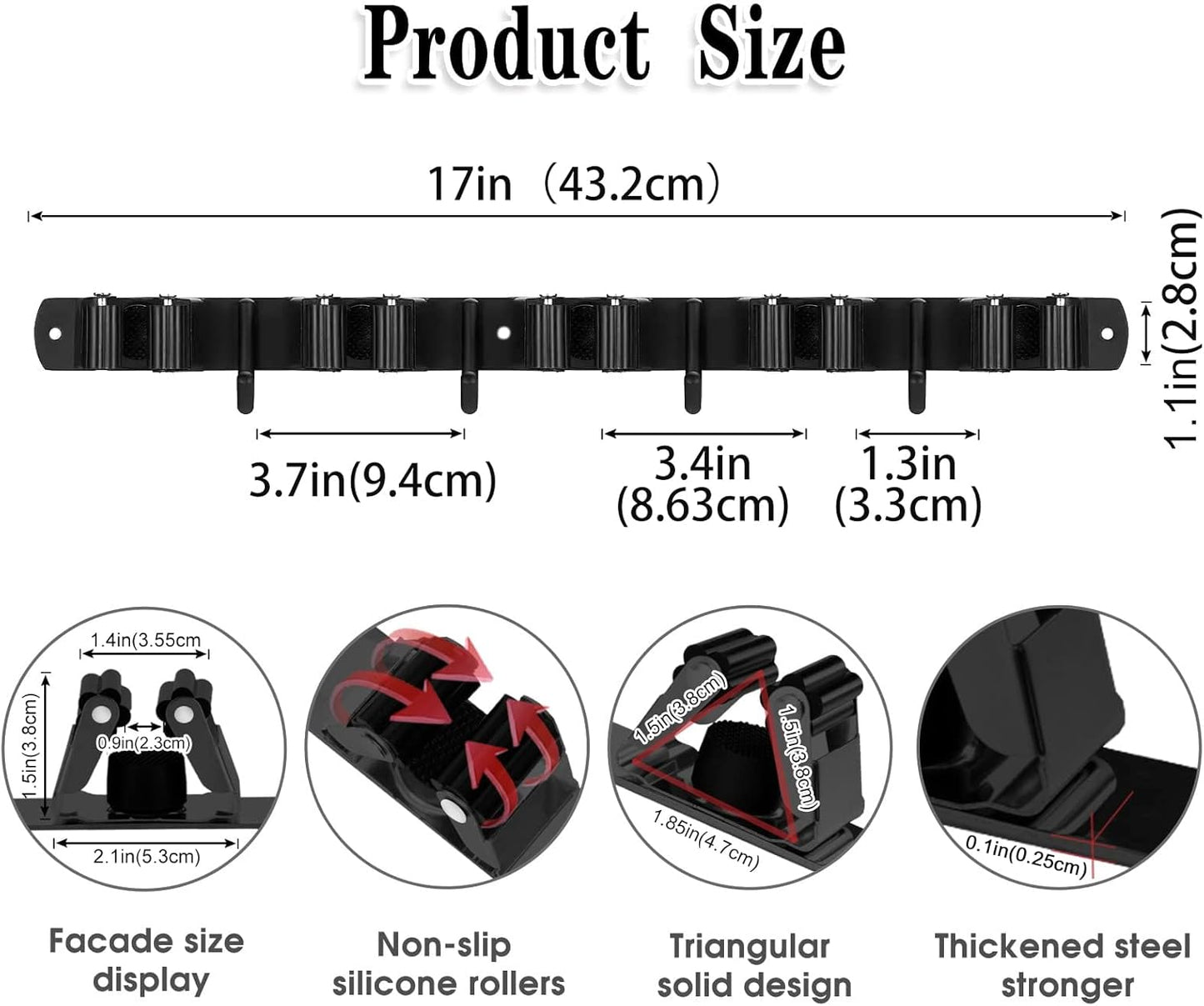 AceMining 2 Pack Black 5 Racks and 4 Hooks Mop and Broom Holder Wall Mount, Broom Organizer Storage
