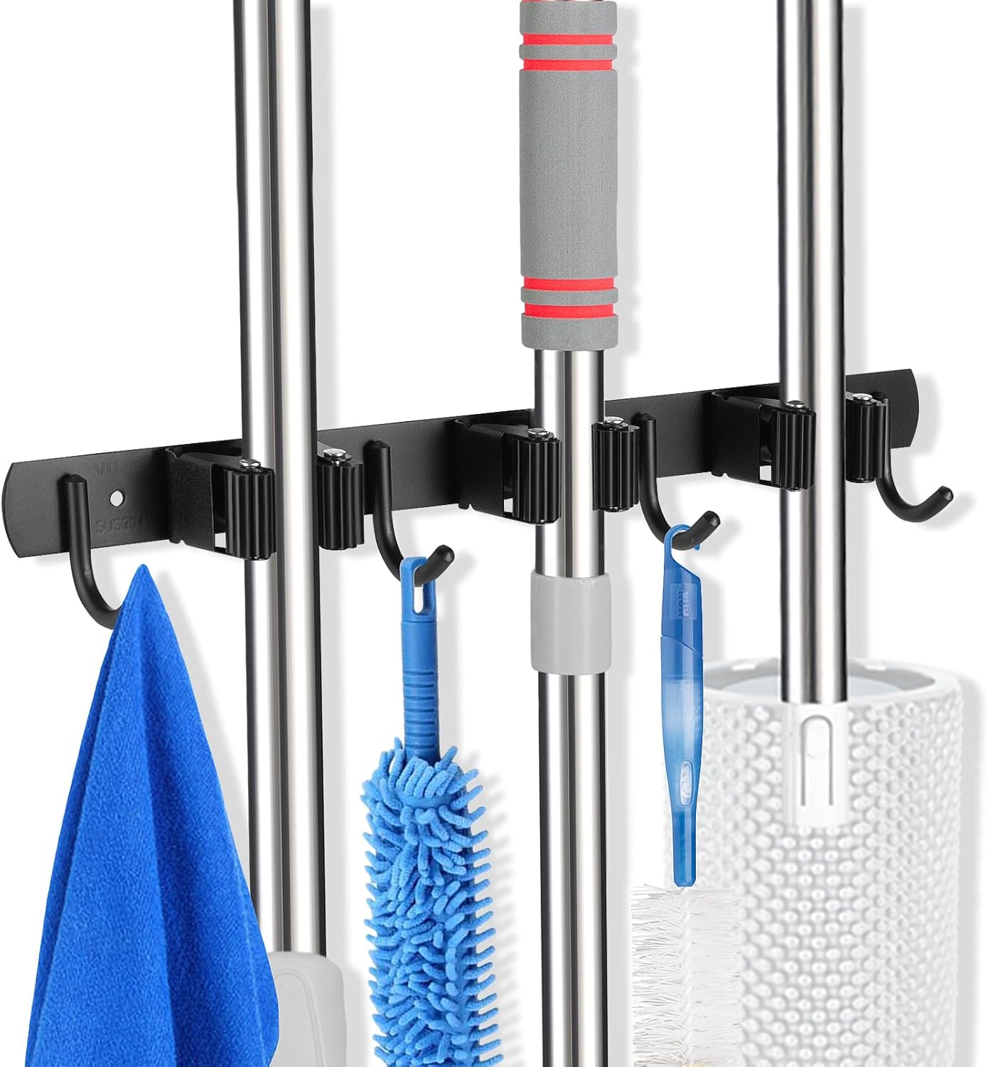 voze 3 Racks and 4 Hooks Mop and Broom Holder Wall Mount, Self Adhesive Heavy Duty Broom Organizer