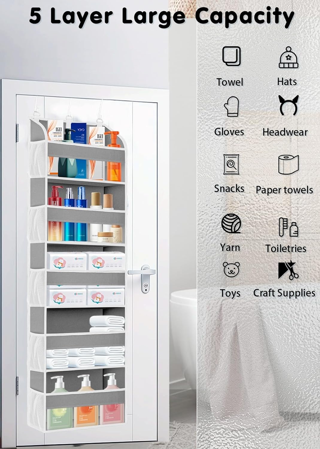 1 Pack Over The Door Storage Organizer with 5 Pockets 10 Mesh Side Pockets, 44 lbs Weight Capacity