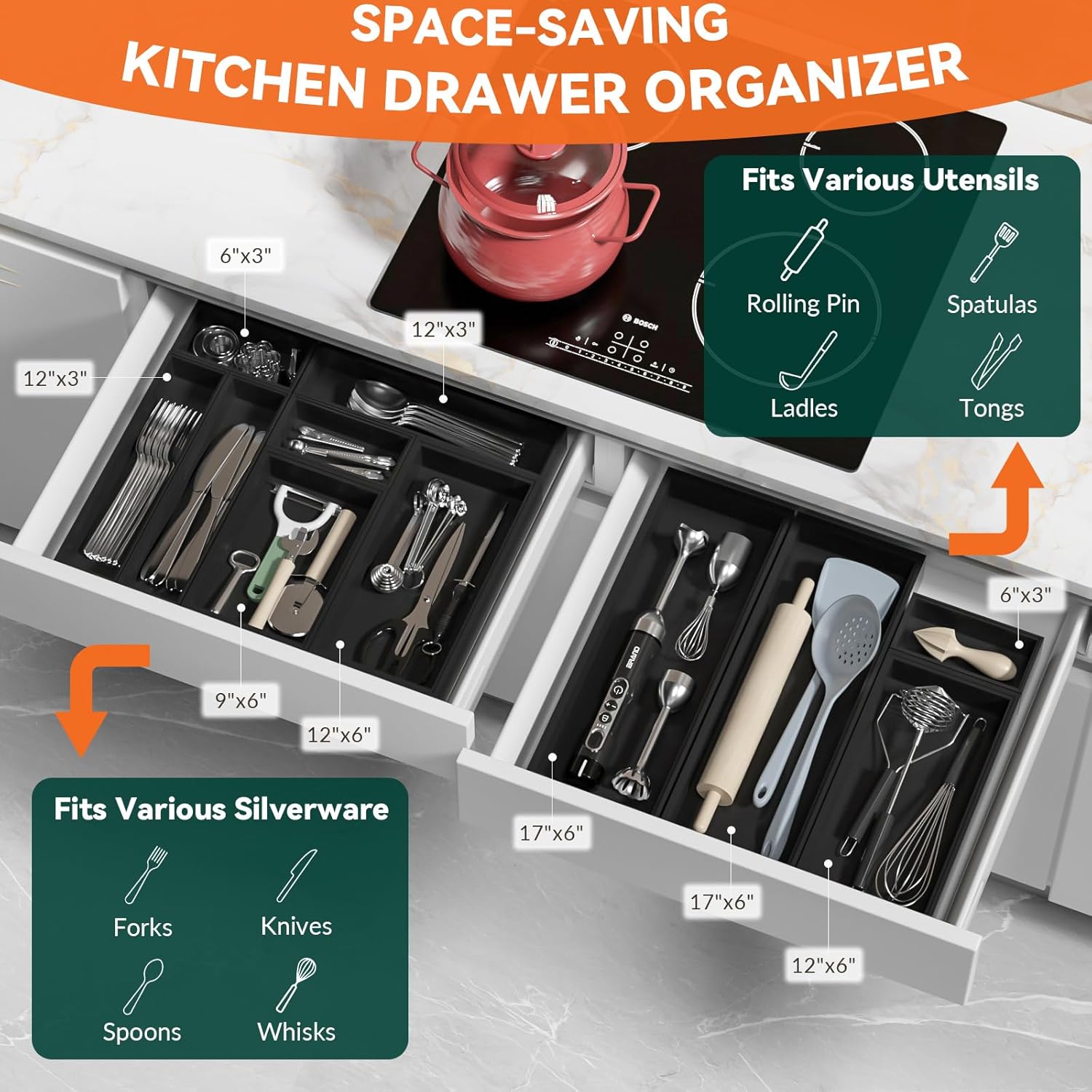Bamboo Drawer Organizer, Extra Large Silverware Organizer for Kitchen Drawer, Stackable Utensil