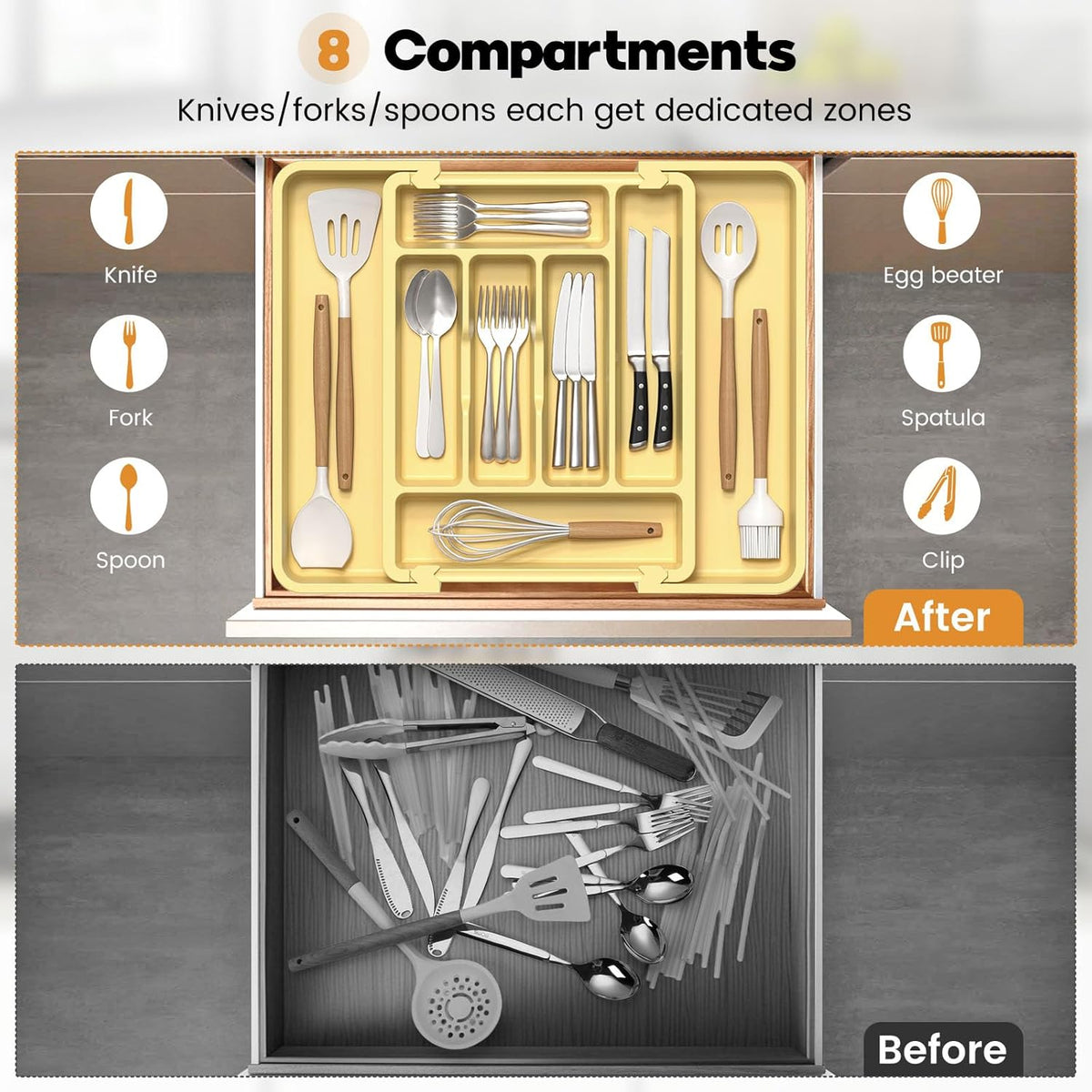 Caperci Large Silverware Organizer for Kitchen Drawer & Utensils - Expandable Drawer Organizer for