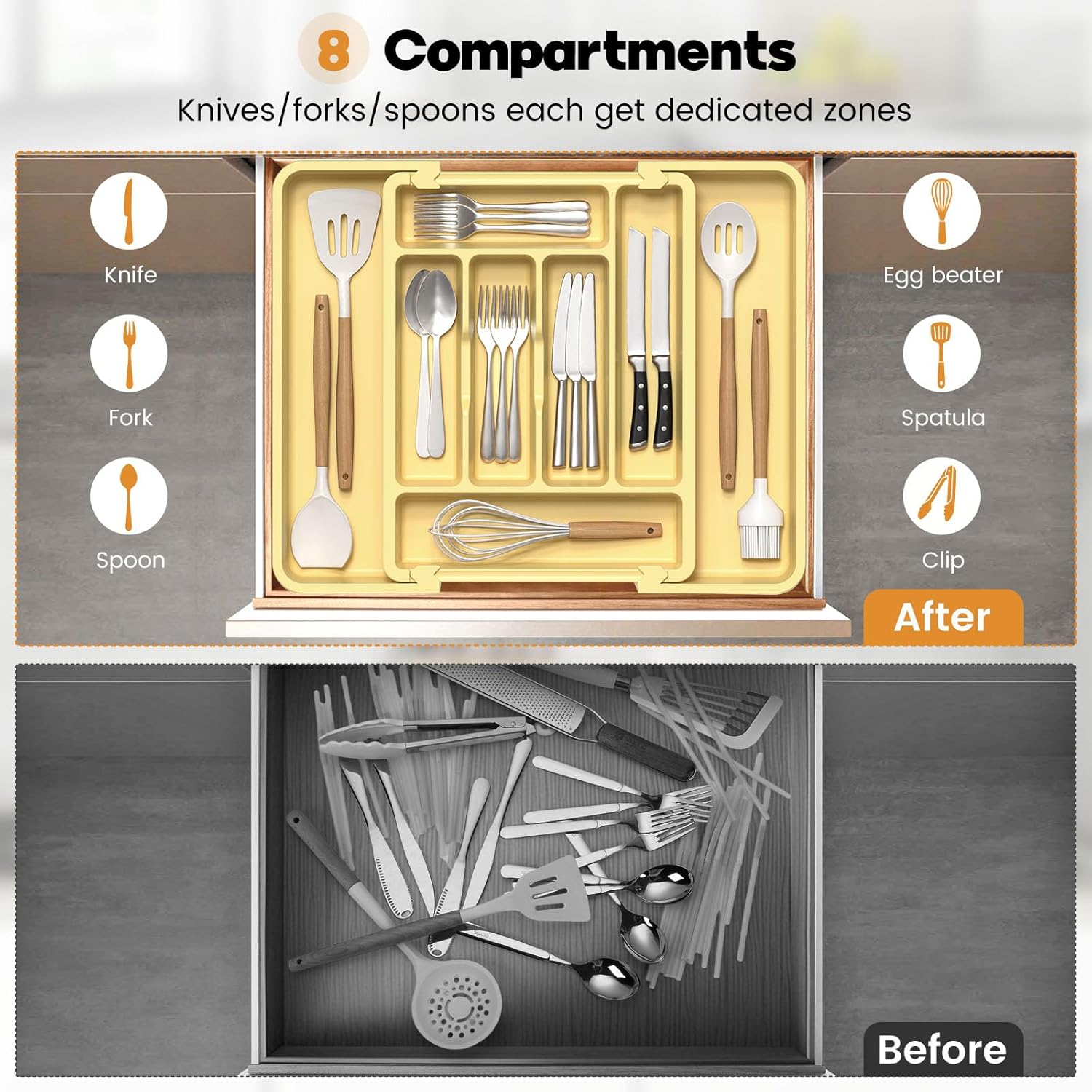 Caperci Large Silverware Organizer for Kitchen Drawer & Utensils - Expandable Drawer Organizer for