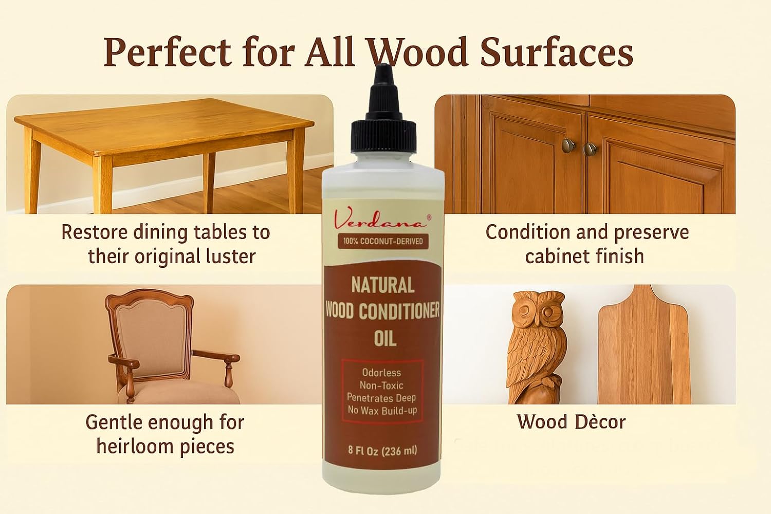 Verdana Natural Wood Conditioner Oil – 8 fl oz – Odorless, Non-Toxic Coconut Oil Polish for