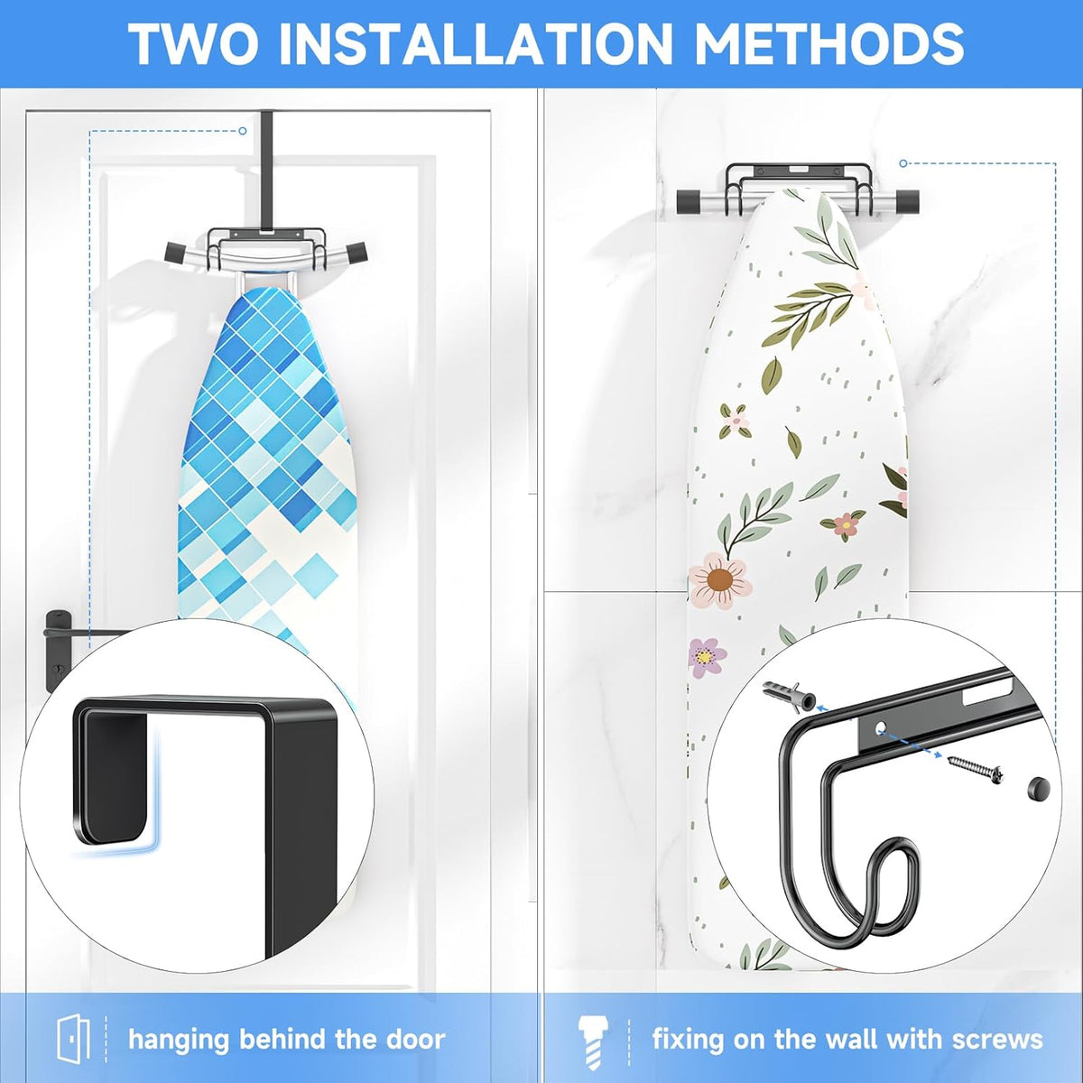 Over The Door & Wall Mount Ironing Board Hanger with Removable Hook, Metal Ironing Board Holder