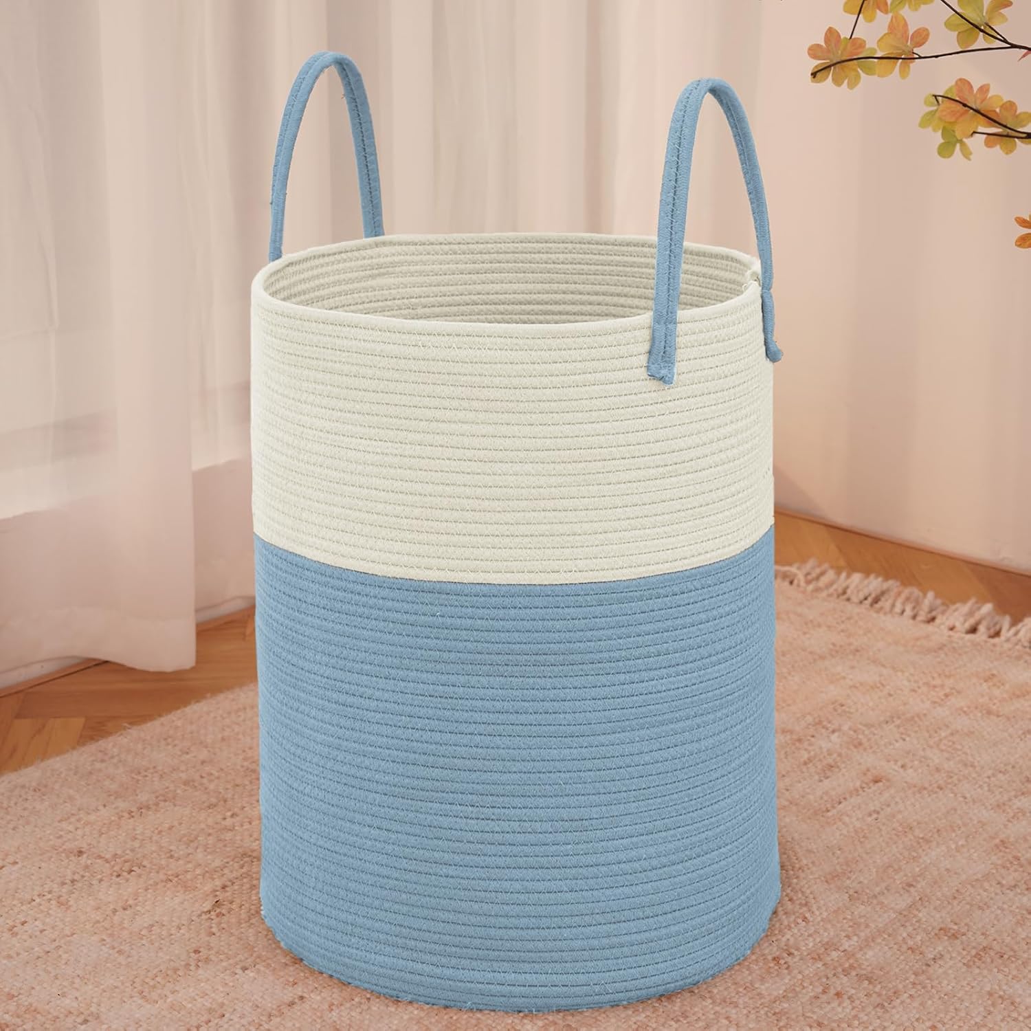 Large Woven Laundry Basket Hamper,60L Cotton Rope Storage Bin for Blankets,Toys and