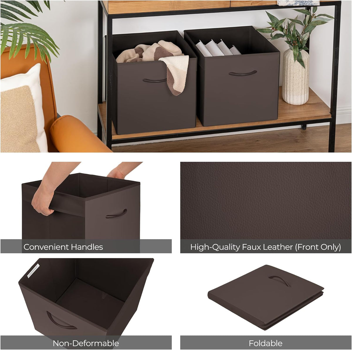 StorageWorks Brown Storage Cubes, 13x13 Storage Cube Bins with Handle, Cube Storage Organizer Bins