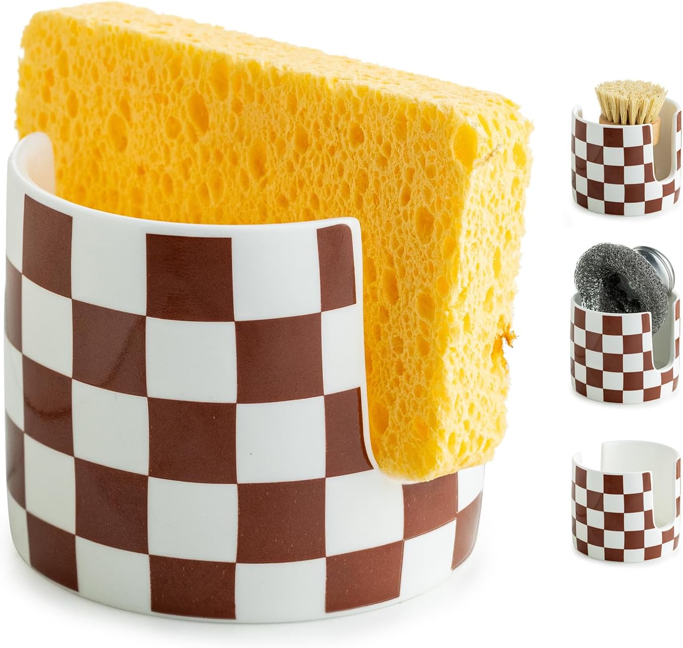 Checkered Sponge Holder for Kitchen Sink, Ceramic Dish Sponge Drying Caddy Scrubby Holder Kitchen