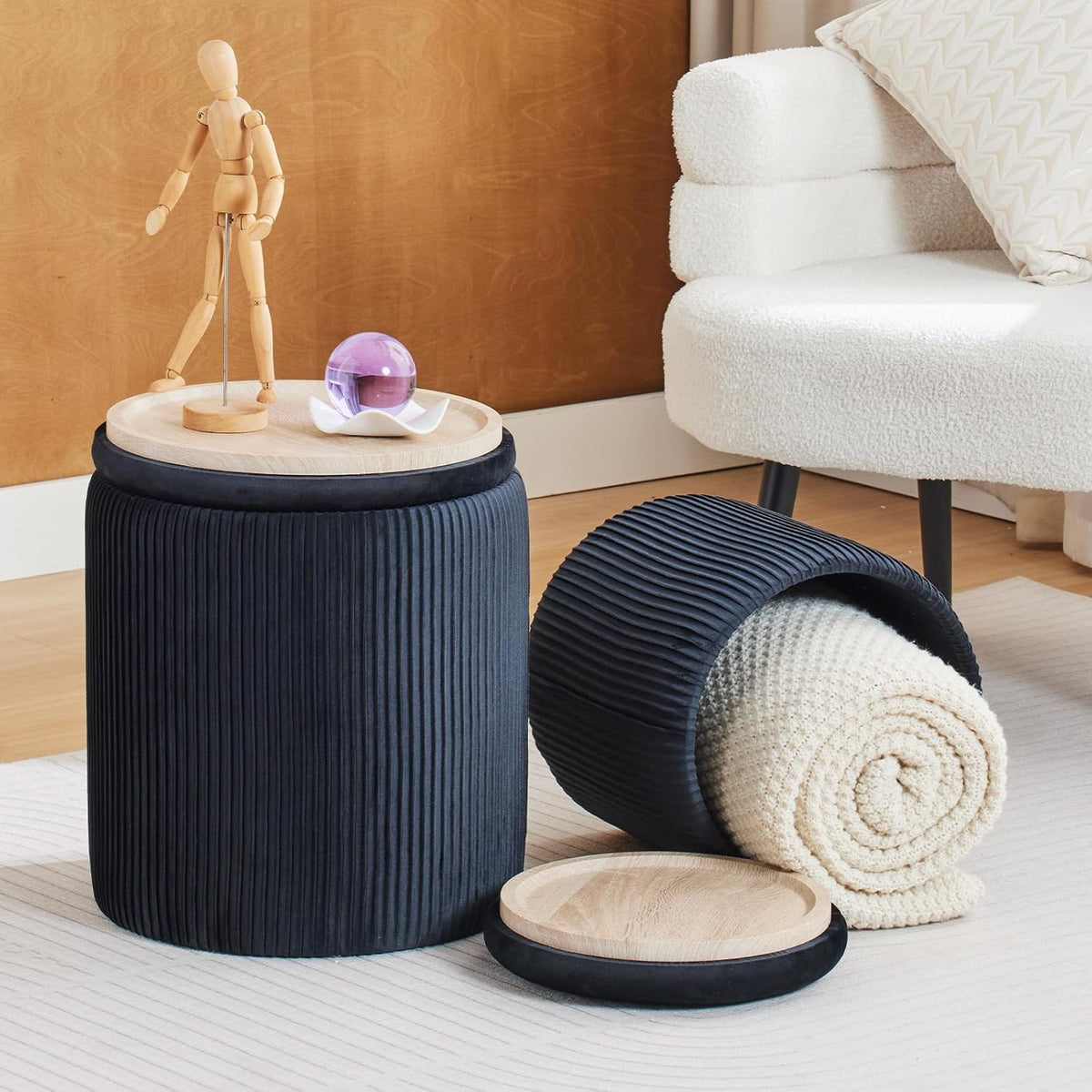 Round Ottoman with Storage Set of 2-Upholstered Velvet Vanity Stool for Makeup Multifunctional