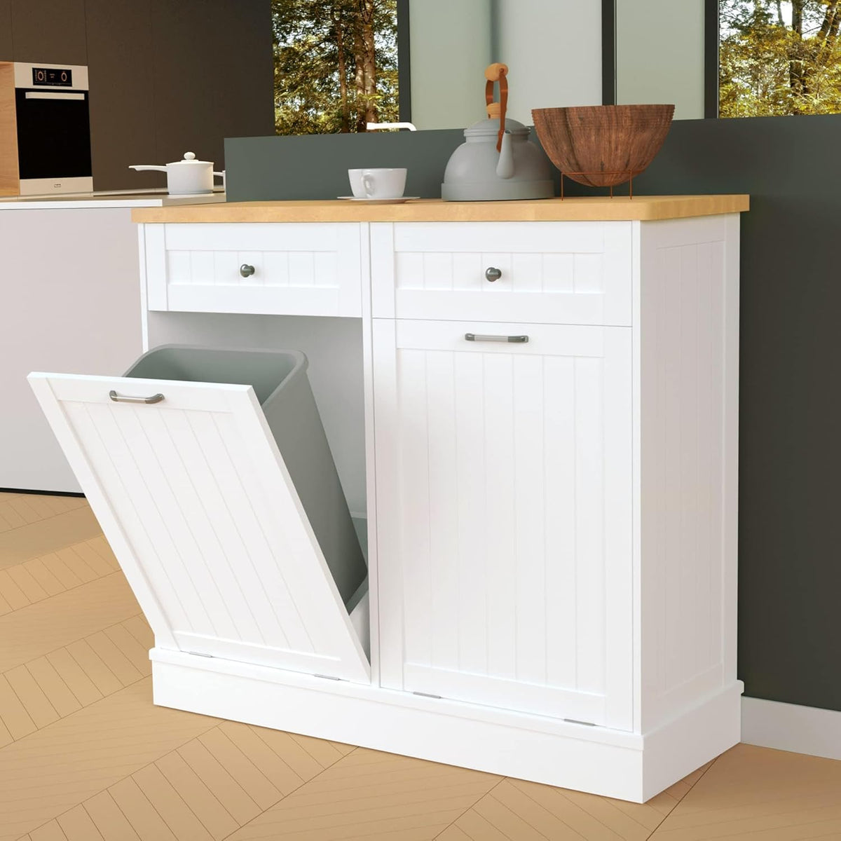 Betterhood Tilt Out Trash Cabinet 10 Gallon Wooden Free Standing Laundry Sorter Cabinet,Recycling