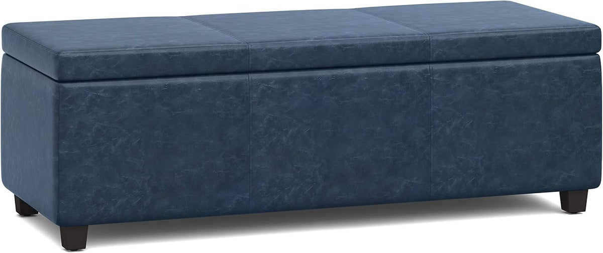 SIMPLIHOME Avalon 48 inch Wide Contemporary Rectangle Storage Ottoman Bench in Denim Blue Vegan