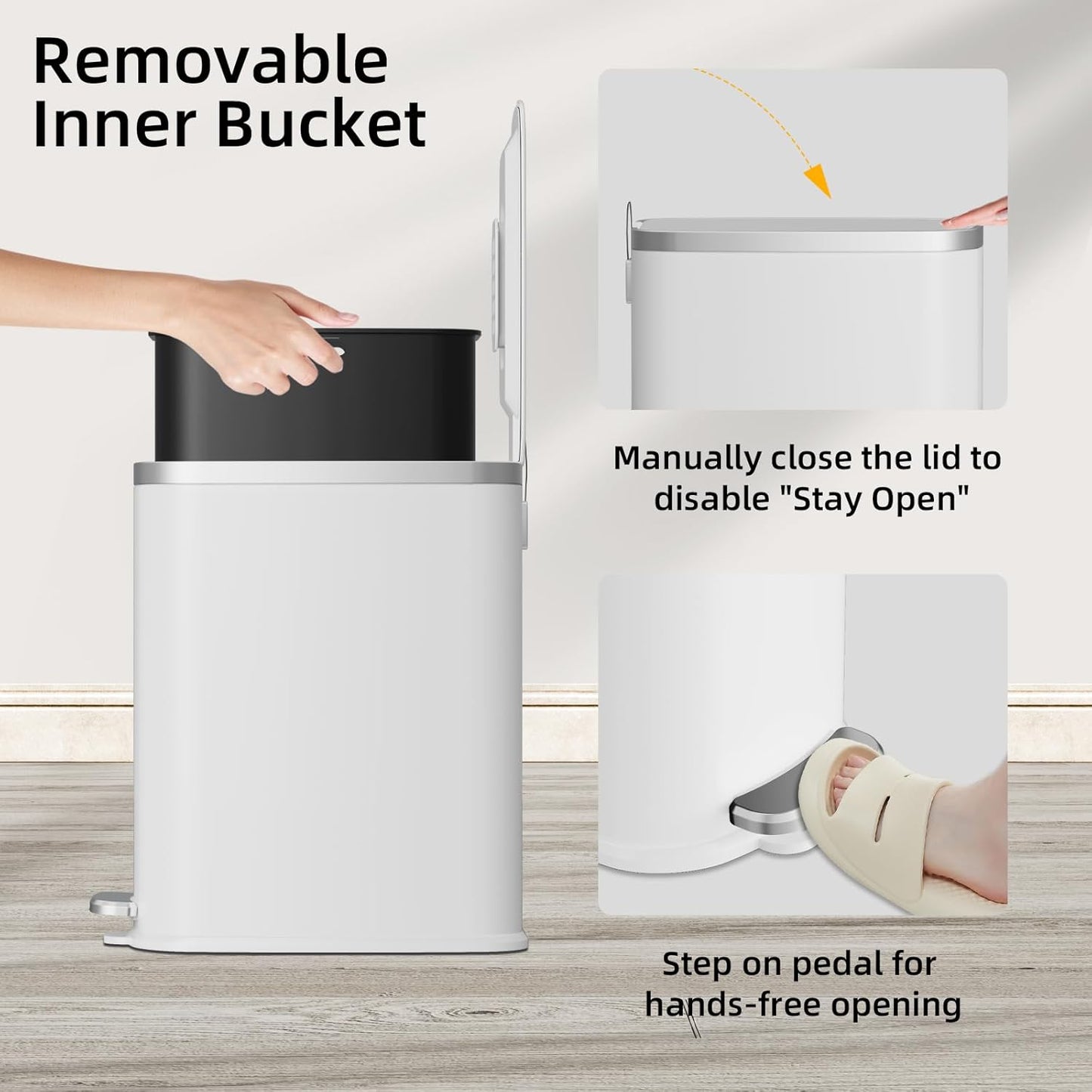 KUK Slim Bathroom Trash Can with Lid Soft Close, Step Pedal, 2.6 Gal/ 10L Stainless Steel Garbage