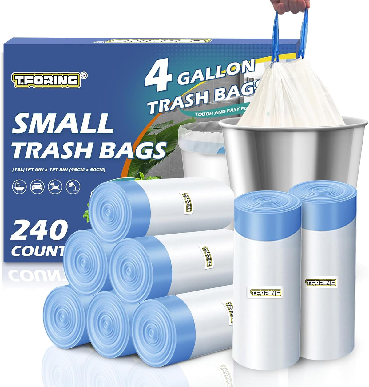 240 Count 4 Gallon Small Trash Bags Drawstring 1.1 Mil - White Garbage Bags Unscented for Bathroom