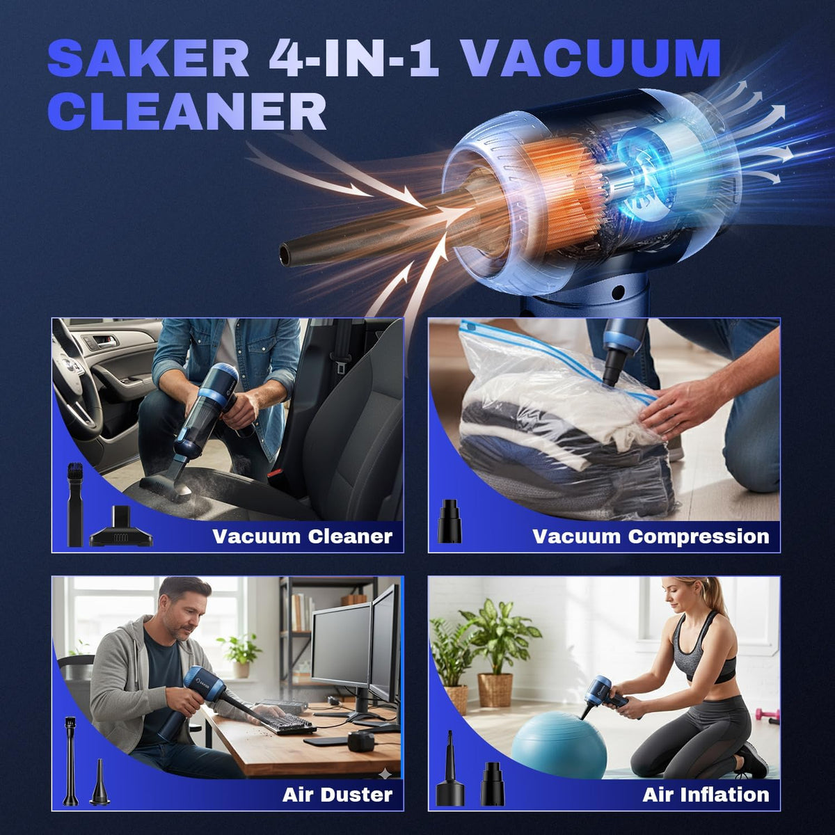 Saker Car Vacuum Portable Cordless 20000Pa Suction Power 4 in 1 Handheld Vacuum with LED Light
