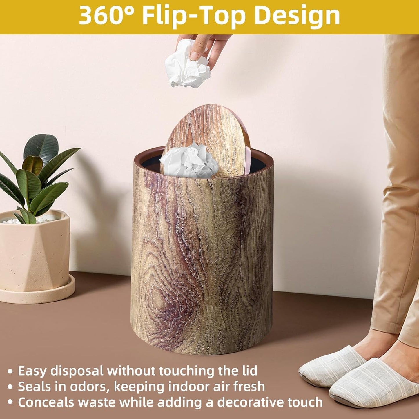 Wood Grain Plastic Trash Can Swing Top Lid, 4Gal/15L Farmhouse Wastebasket Bin Retro Style with