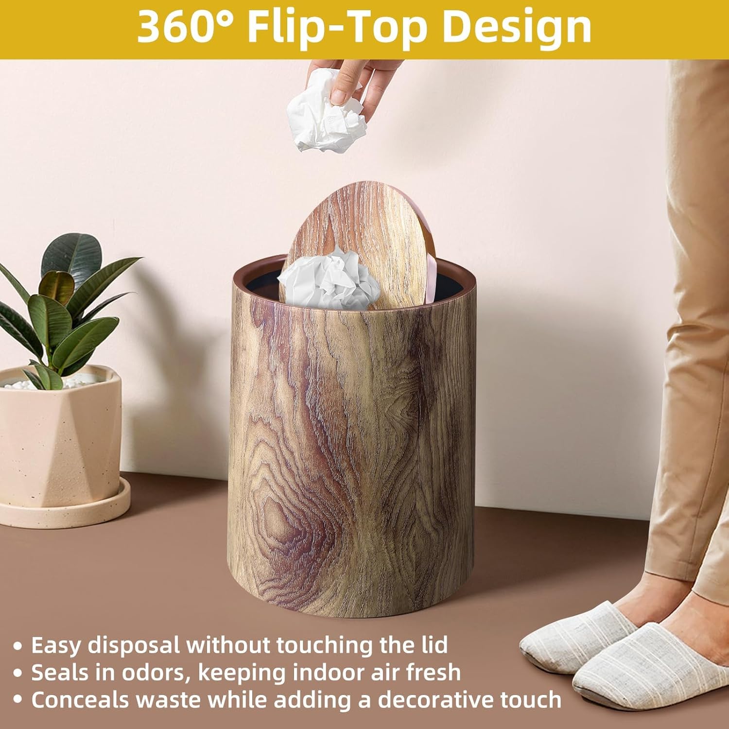 Wood Grain Plastic Trash Can Swing Top Lid, 4Gal/15L Farmhouse Wastebasket Bin Retro Style with