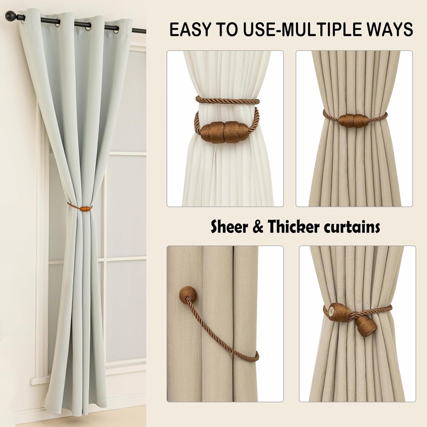 Magnetic Curtain Tiebacks Rope Curtain Tie Backs for Curtains 8 Pack Curtain Holders for Drapes