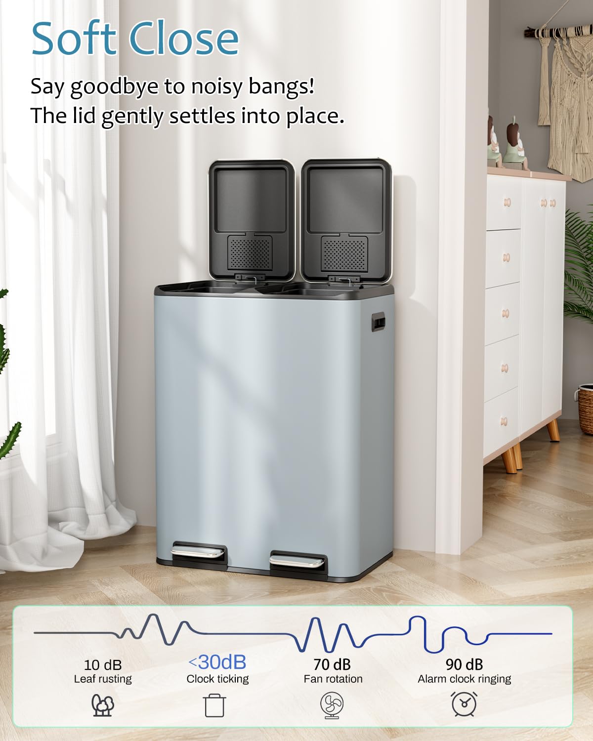 16 Gal (2 x 30 L) Dual Trash Can, Stainless Steel Kitchen Garbage Bin, Recycle Dustbin with Odor