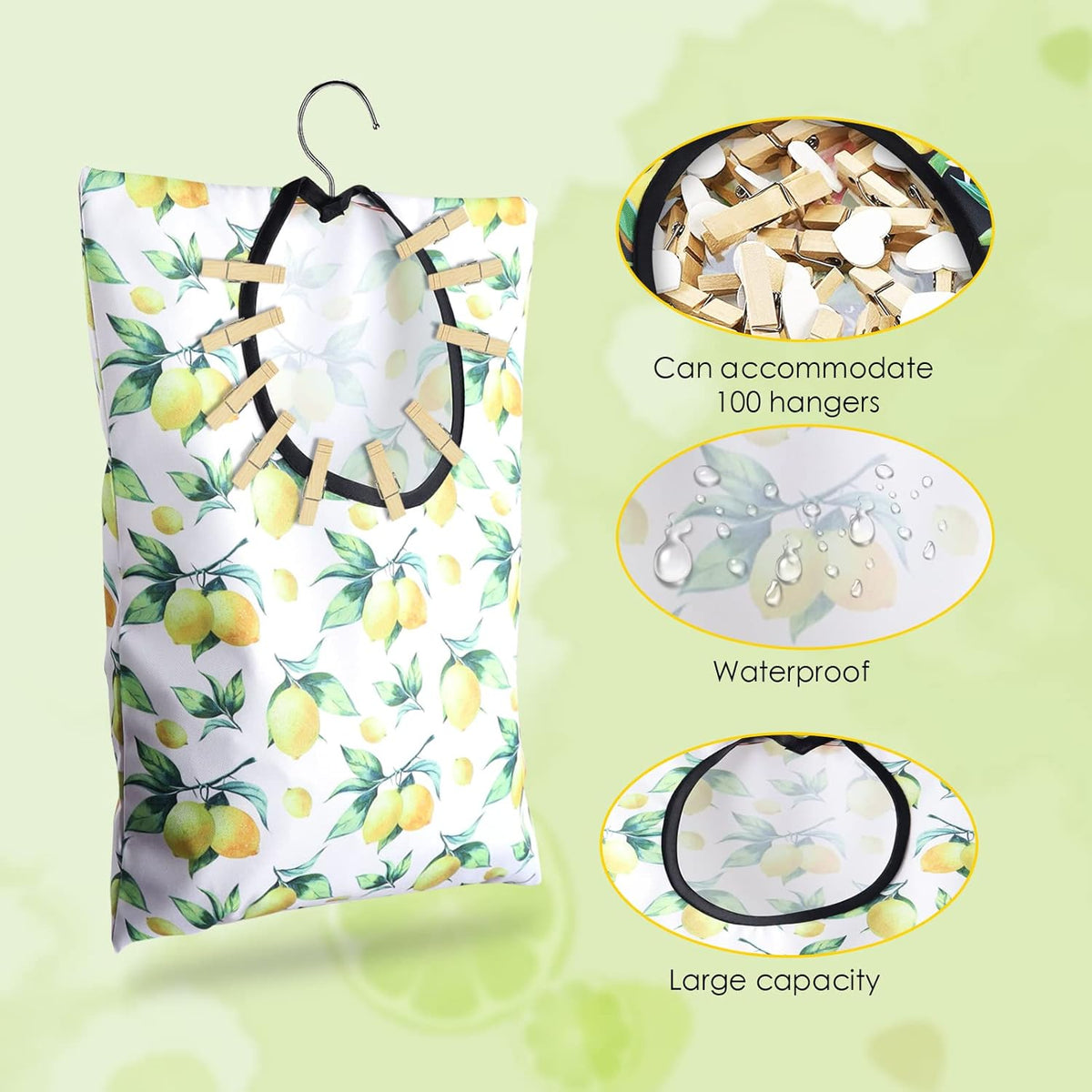 2 Pcs Lemon Clothespin Bag With Hanging Hook - 15 X 11 Inch Laundry Canvas Clothes Pin Holder