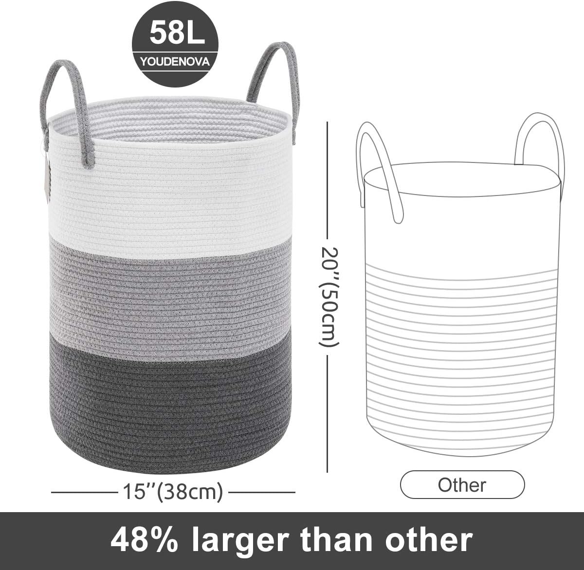 YOUDENOVA Woven Rope Laundry Hamper Basket, 58L Tall Luandry Basket, Baby Nursery Hamper for