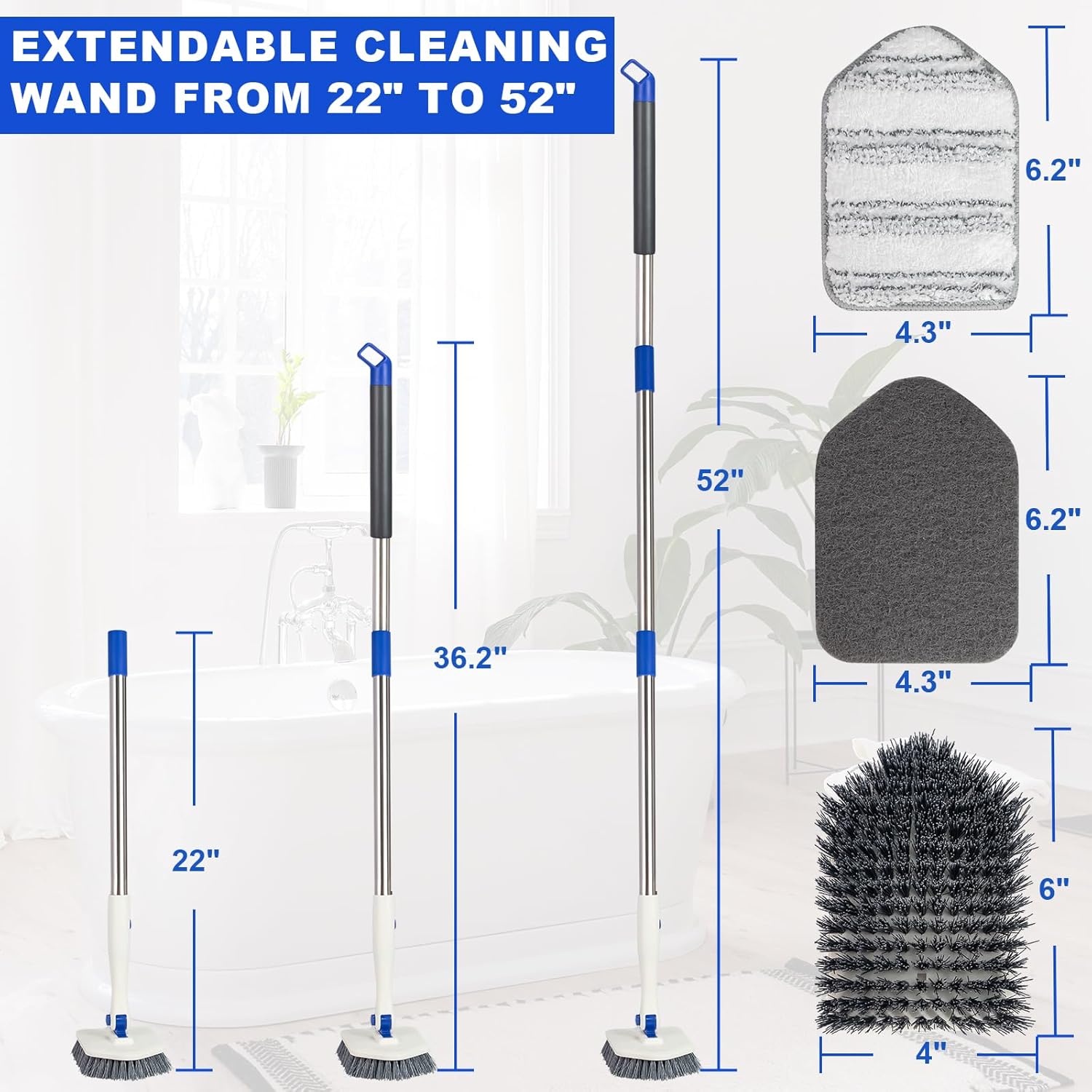Tile Tub Scrubber Brush with 52-inch Adjustable Long Handle 3-in-1 Rotatable Shower Brush for