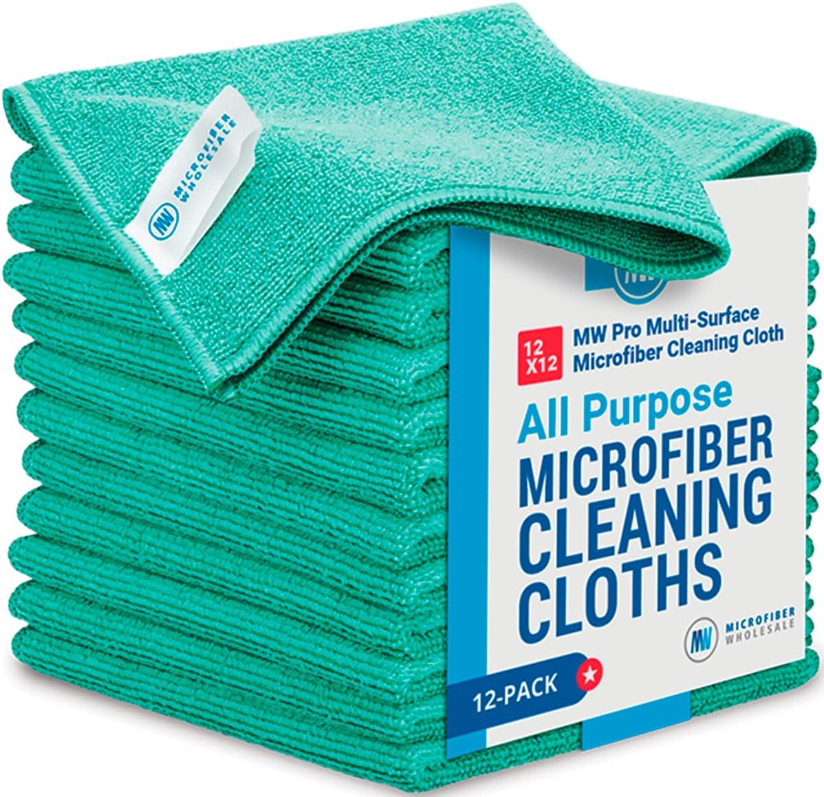 12" x 12" MW Pro Multi-Surface Microfiber Cleaning Cloths | Green - 12 Pack | Premium Microfiber
