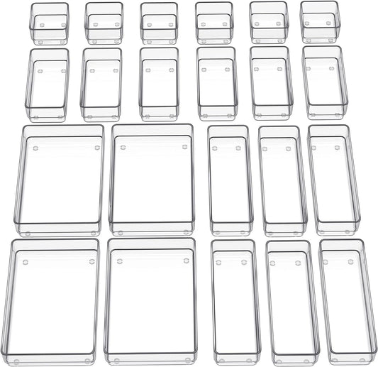 SMARTAKE 22-Piece Drawer Organizer with Non-Slip Silicone Pads, 4-Size Clear Desk Drawer Organizer