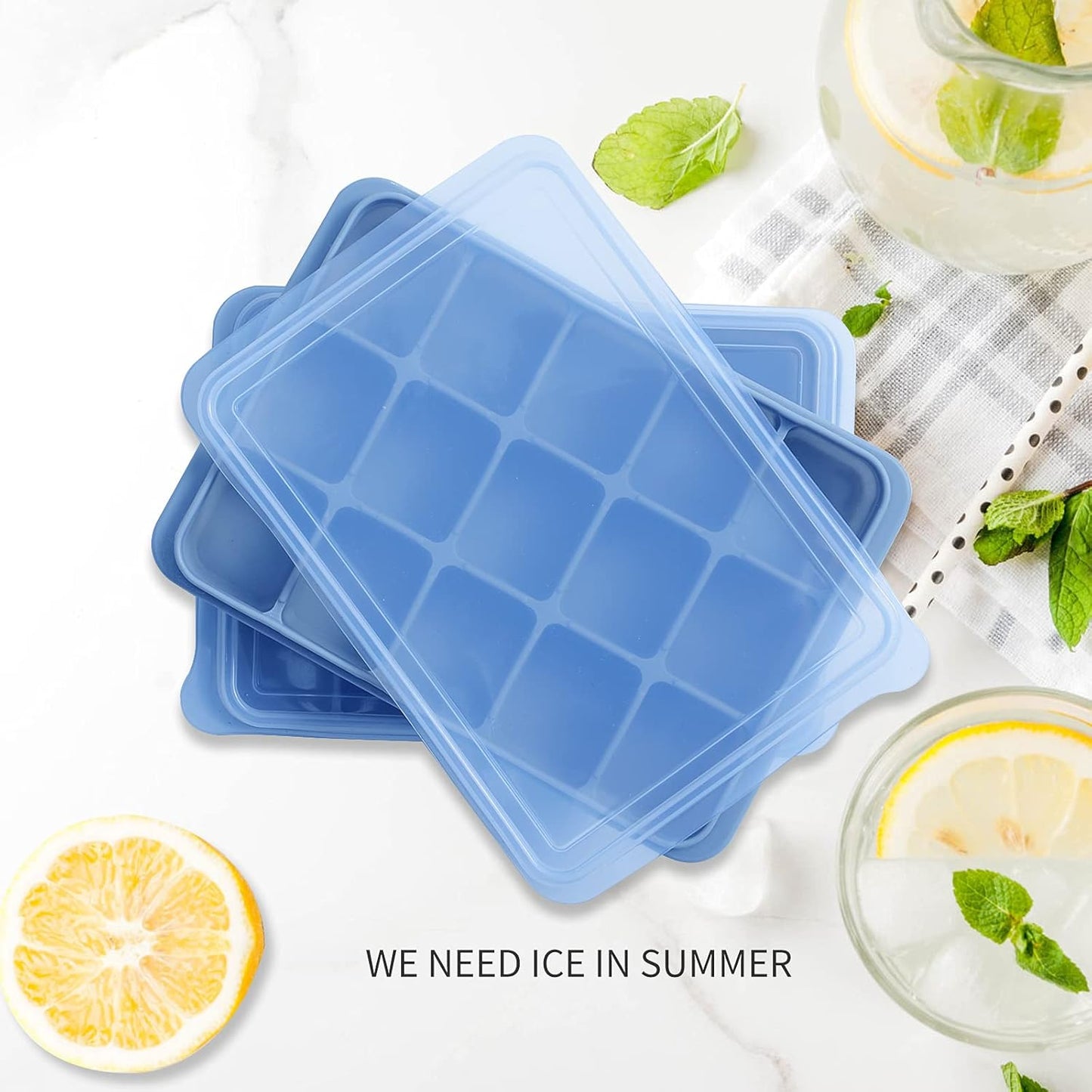 Ice Cube Trays Set of 2, Easy Release 15 Flexible Silicone Ice Cube Molds with Removable Lid
