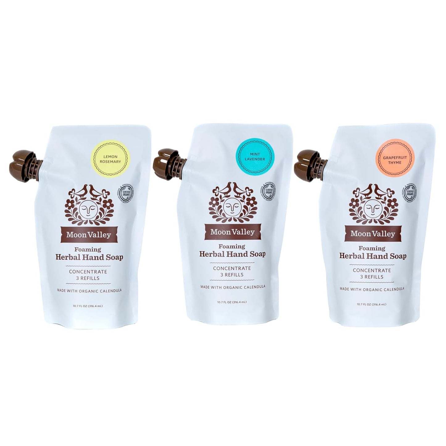 Moon Valley Foaming Hand Soap Refill Pouch, Three-Pack Lemon Rosemary, Mint Lavender, Grapefruit