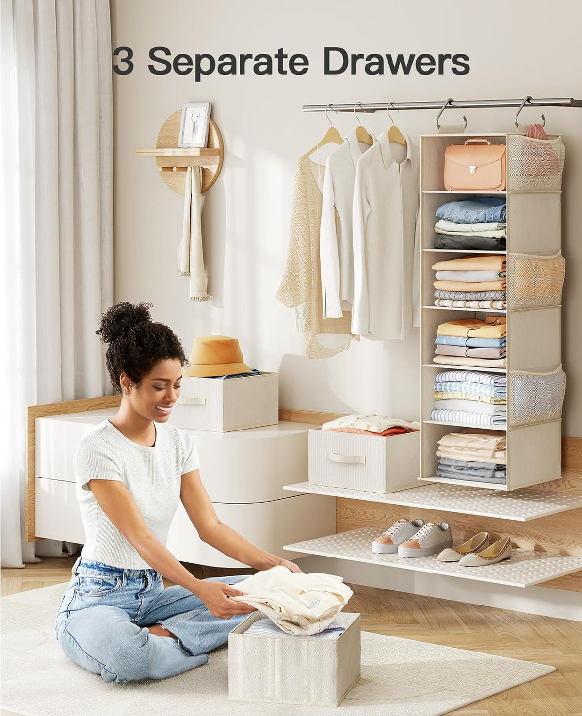 Pipishell Hanging Closet Organizer 6-Shelf, Hanging Shelves for Closet with 3 Removable Drawers &