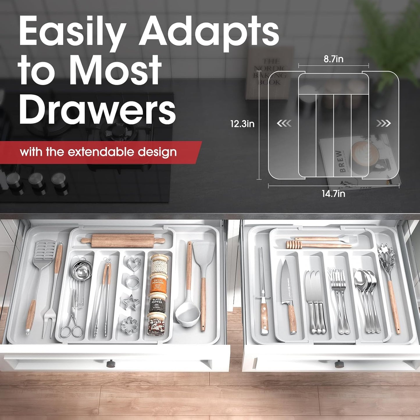 Aujen Silverware Organizer - Expandable Kitchen Drawer Organizer, Adjustable Utensil Organizer