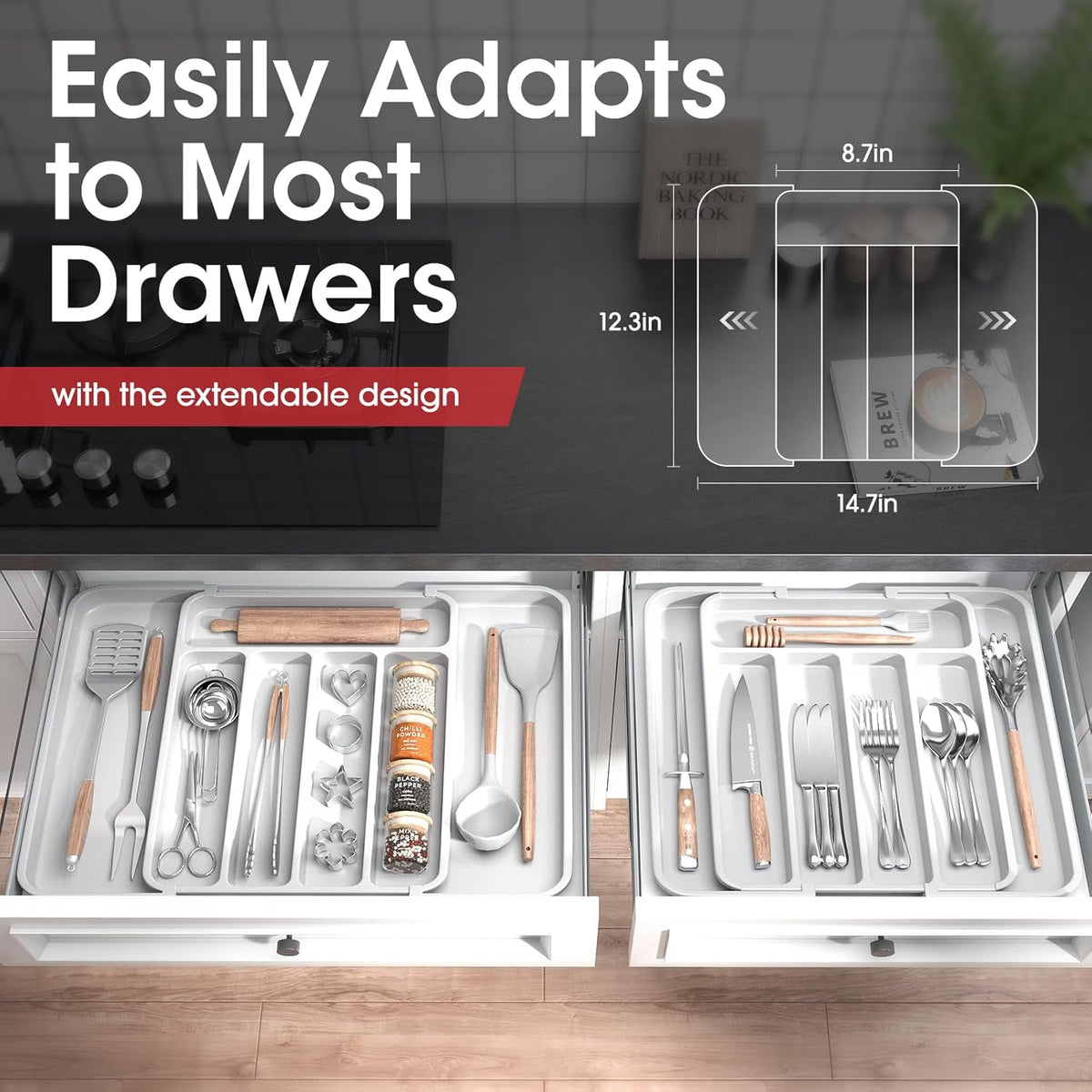 Aujen Silverware Organizer - Expandable Kitchen Drawer Organizer, Adjustable Utensil Organizer