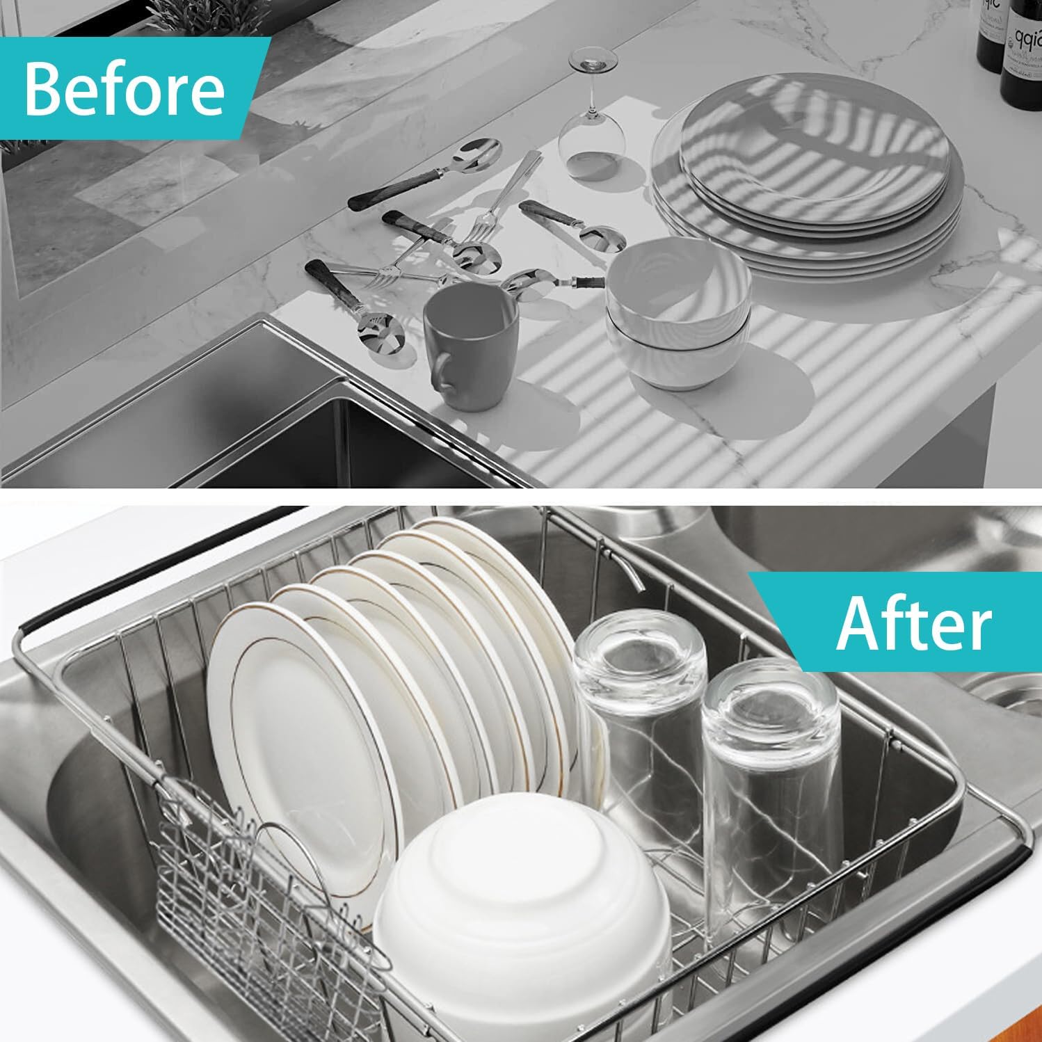 Sink Dish Drainer Rack, Expandable 304 Stainless Steel Dish Drying Rack Organizer with Stainless