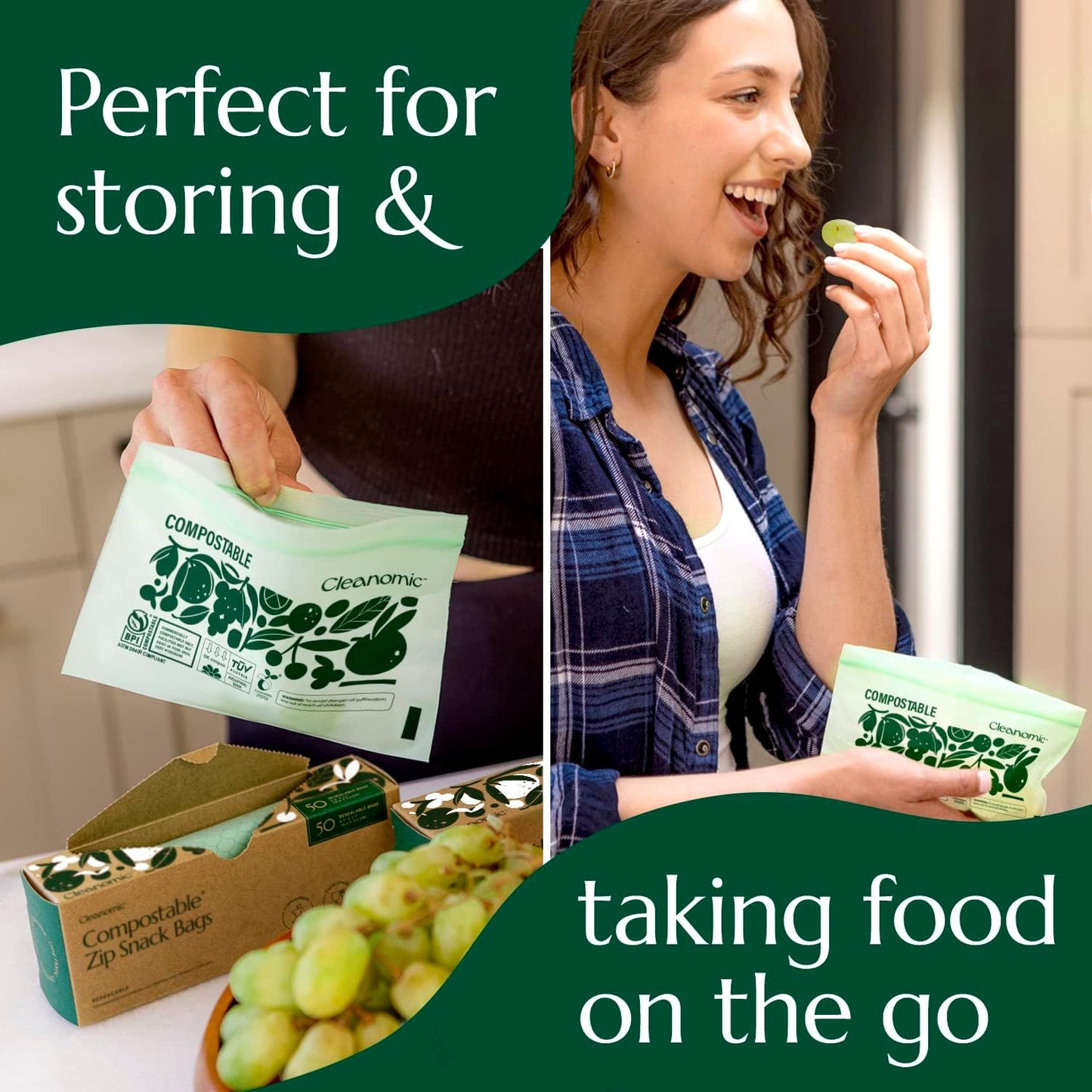 Cleanomic Compostable* Snack Size Food Storage Bags (50 Eco Zip) Freezer and Leak Proof, Also