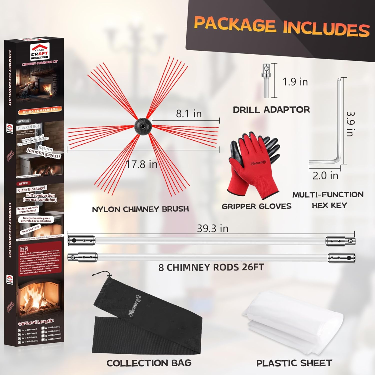 26 Feet Chimney Sweep Kit, Chimney Cleaning Kit with 8 Flexible White Chimney Rods, Chimney Brush