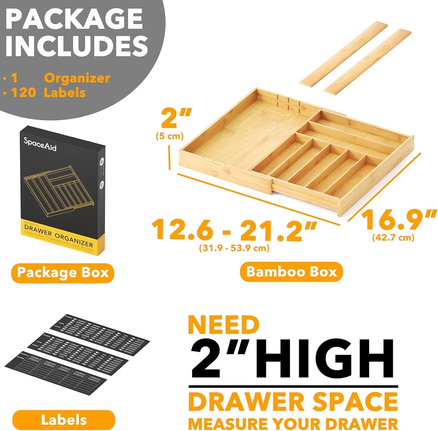 SpaceAid Bamboo Silverware Drawer Organizer with Labels, Kitchen Utensil Expandable Tray Holder