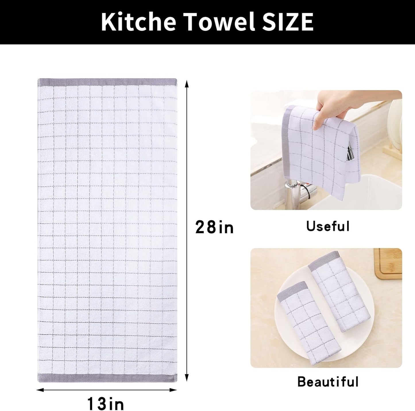 Homaxy 100% Cotton Terry Kitchen Towels(White, 13 x 28 inches), Checkered Designed, Soft and Super