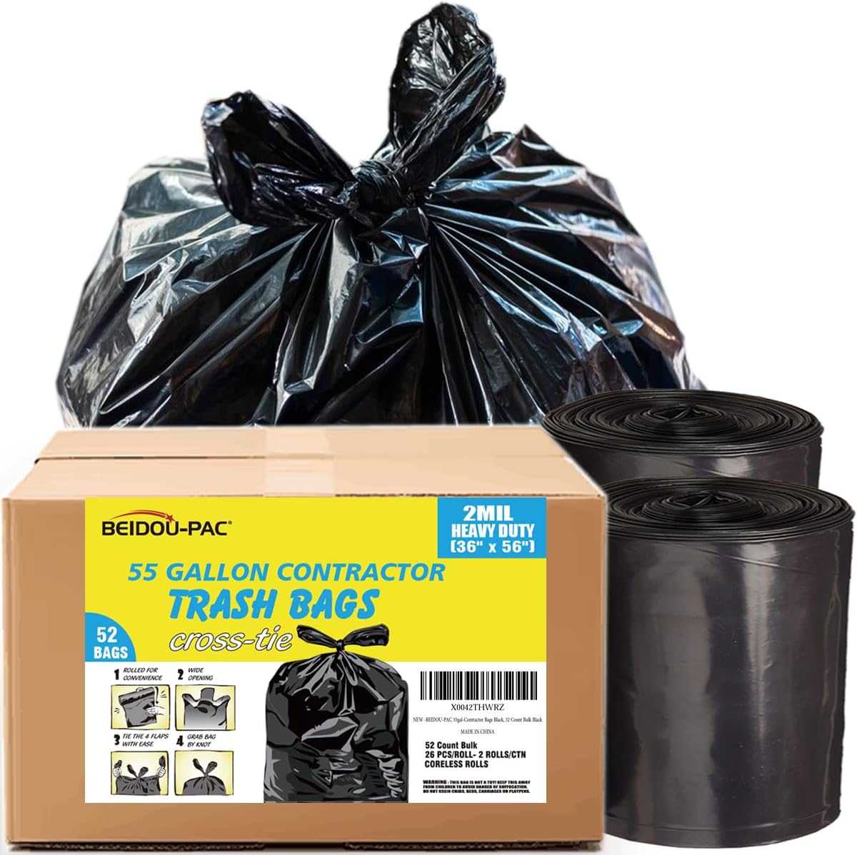 Contractor Heavy Duty Trash Bags 55 Gallon | 52 Count | 2 MIL | 36" X 56" | Large Black Flap Tie
