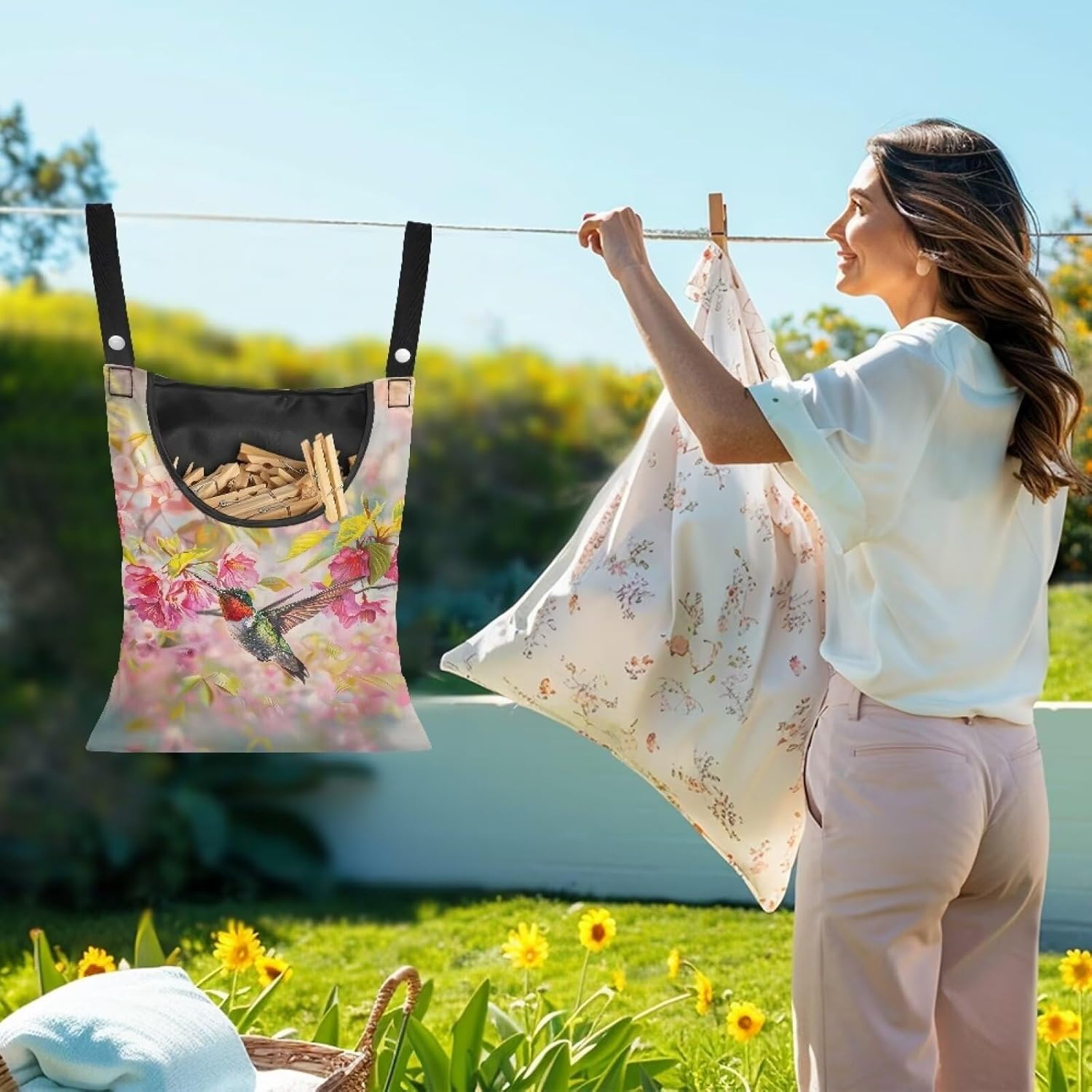 Hummingbird Clothespin Bag with Hanging Rope Cherry Blossom 14.5 x 12 Inch Summer Waterproof
